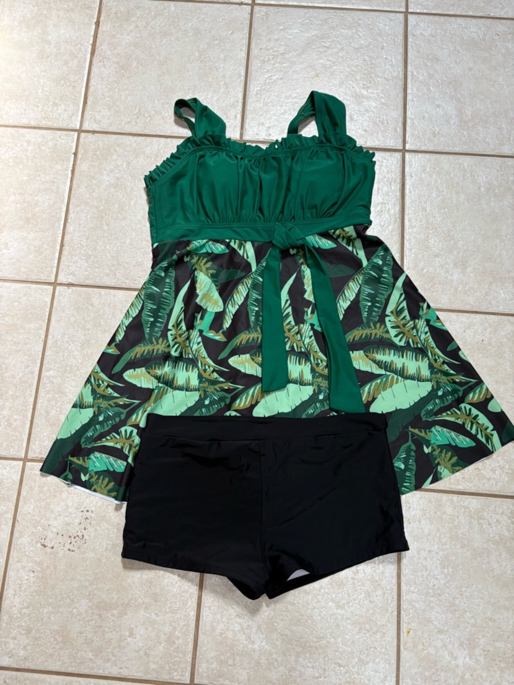 Green Tropical Print' One-Piece Tankini with Black Swim Shorts